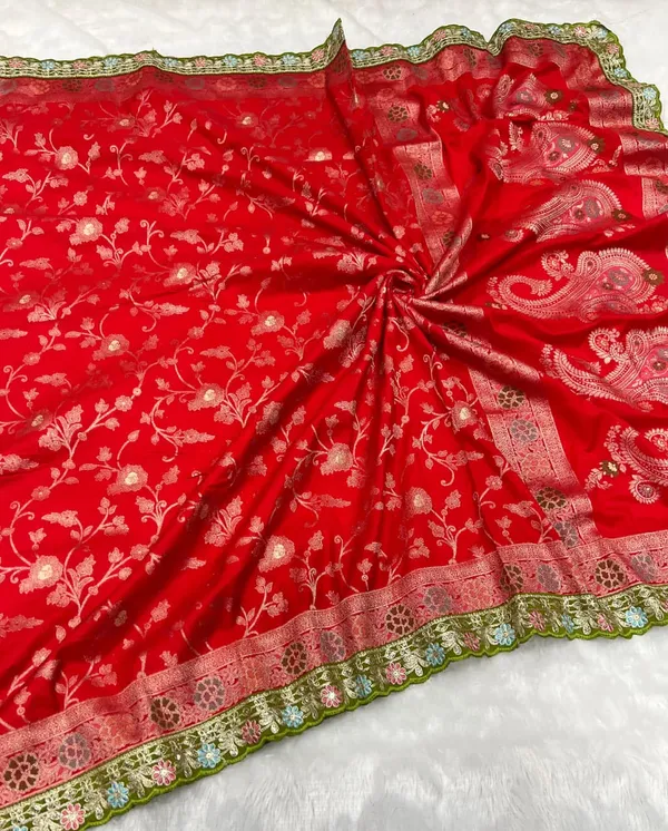 Bright_Red_Meenakari_Woven_Khaddi_Crepe_Georgette_Saree_With_Contrast_Embroidered_Unstitched_Blouse