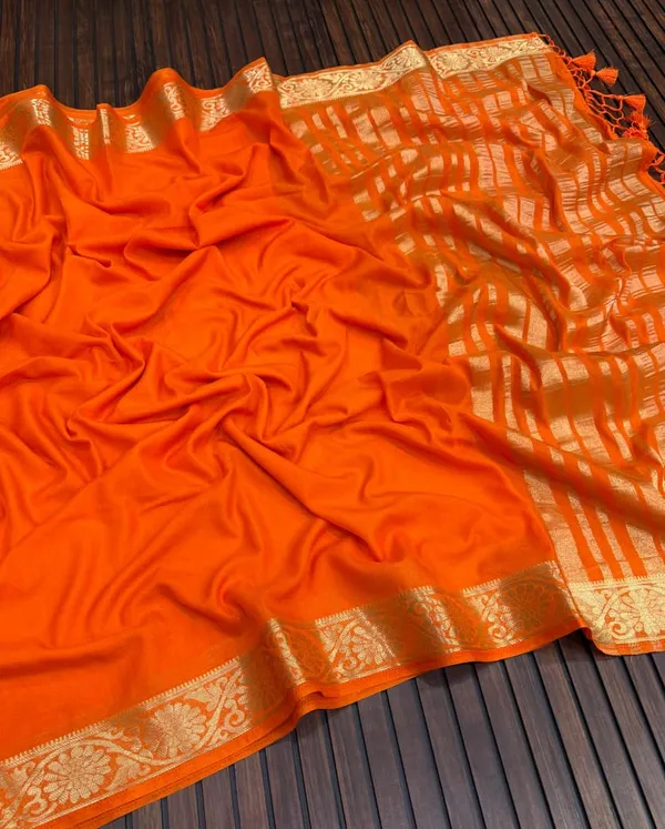 Royal_Orange_Jari_Jacquard_Khaddi_Crepe_Georgette_Saree_With_Tassel_Pallu_Unstitched_Blouse