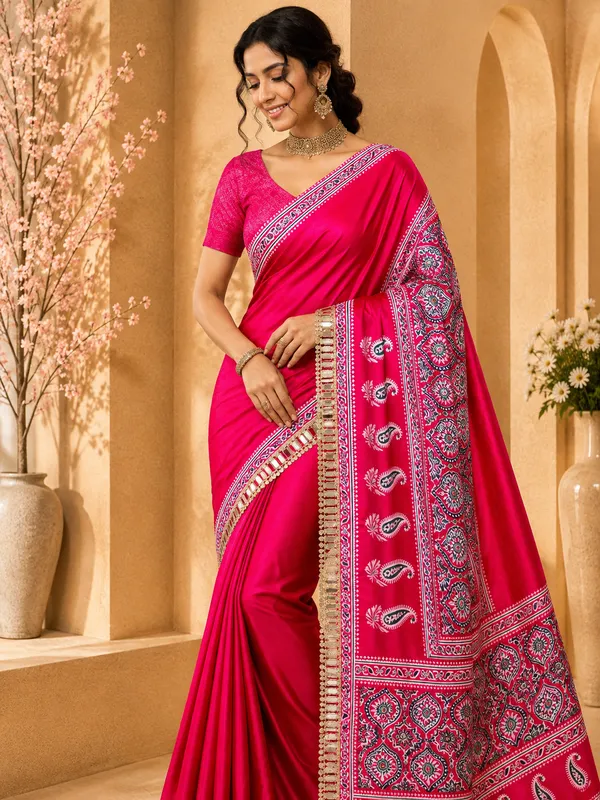 Hot_Pink_Ajrak_Print_Pure_Soft_Crepe_Silk_Saree_With_Printed_Pallu_Mirror_Lace_And_Unstitched_Blouse