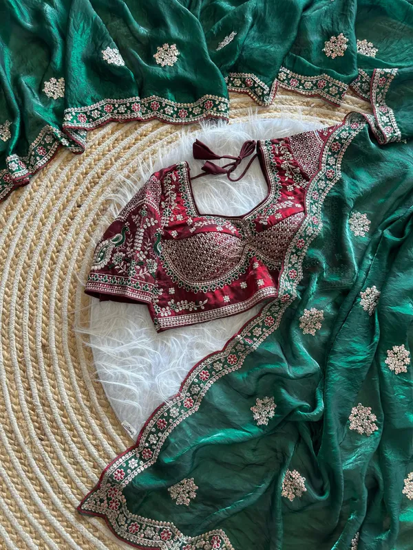 Emerald_Green_Sequins_Embroidered_Fendy_Satin_Designer_Saree_With_Stitched_Blouse