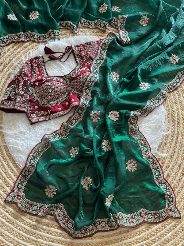 Emerald_Green_Sequins_Embroidered_Fendy_Satin_Designer_Saree_With_Stitched_Blouse