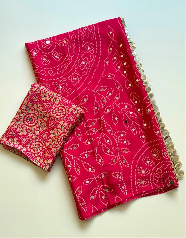 Rani_Pink_Bandhani_Mirror_Work_Crepe_Silk_Saree_With_Designer_Cutwork_Pallu_Unstitched_Blouse