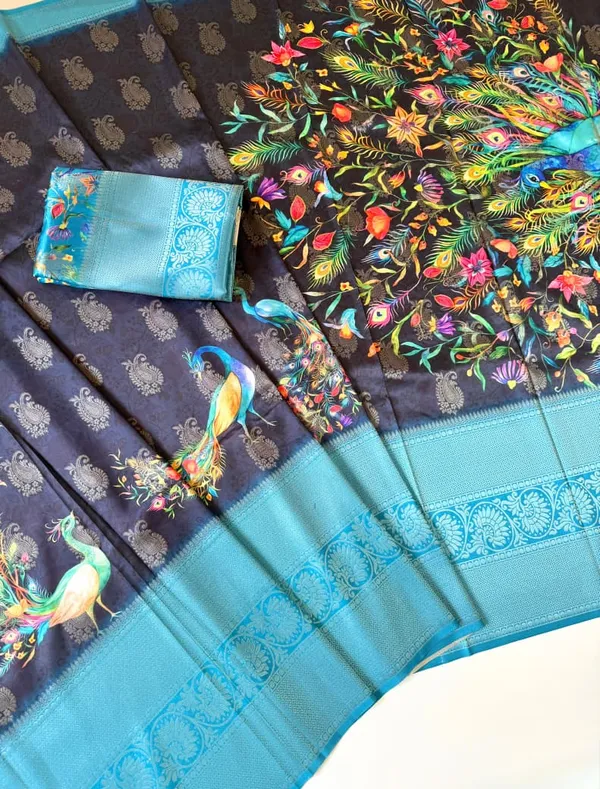 Sky_Blue_Peacock_Digital_Print_Dola_Silk_Saree_With_Jacquard_Mango_Butti_Border_And_Unstitched_Blouse