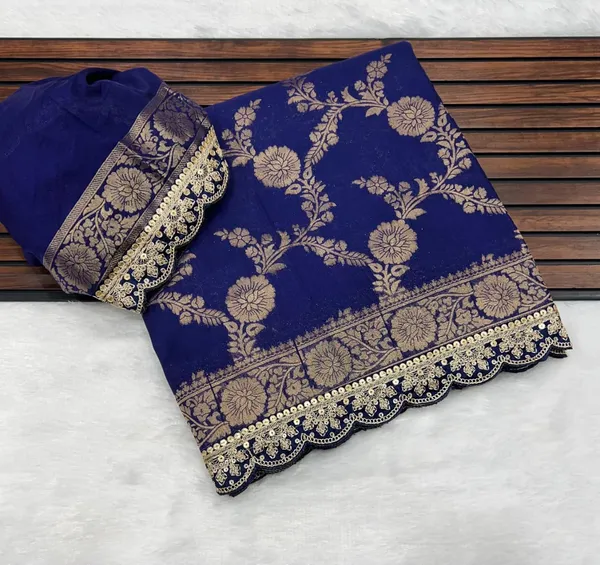 Royal_Blue_Floral_Jacquard_Khadi_Crepe_Georgette_Saree_With_Sequins_Cutwork_Lace_Unstitched_Blouse