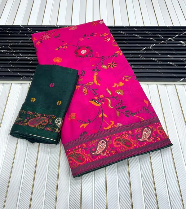Premium_Rani_Pink_Floral_Jaal_Rajwadi_Pashmina_Silk_Saree_With_Kashmiri_Weaving_Unstitched_Contrast_Blouse