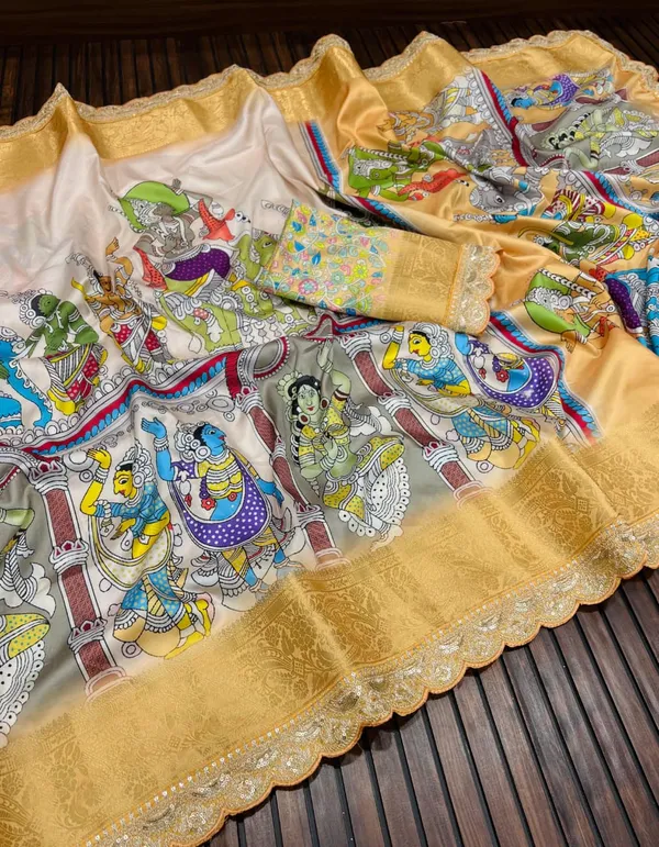 Golden_Beige_Pichwai_Kalamkari_Lichi_Silk_Saree_With_Zari_Border_And_Embroidered_Lace_Unstitched_Blouse