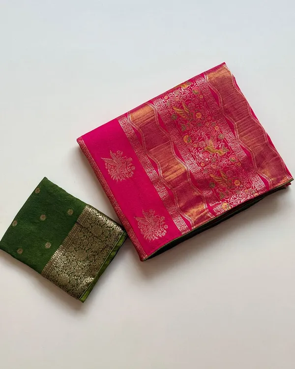 Rani_Pink_Meenakari_Bird_Motif_Chinya_Tissue_Shimmer_Crepe_Georgette_Saree_With_Rich_Pallu_Unstitched_Blouse