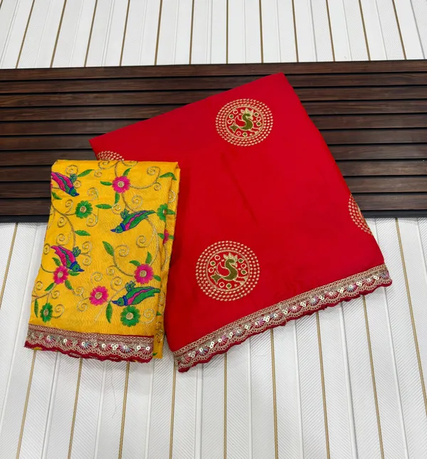 Ruby_Red_Kalamkari_Embroidered_Dola_Silk_Saree_With_Floral_Bangalore_Silk_Unstitched_Blouse