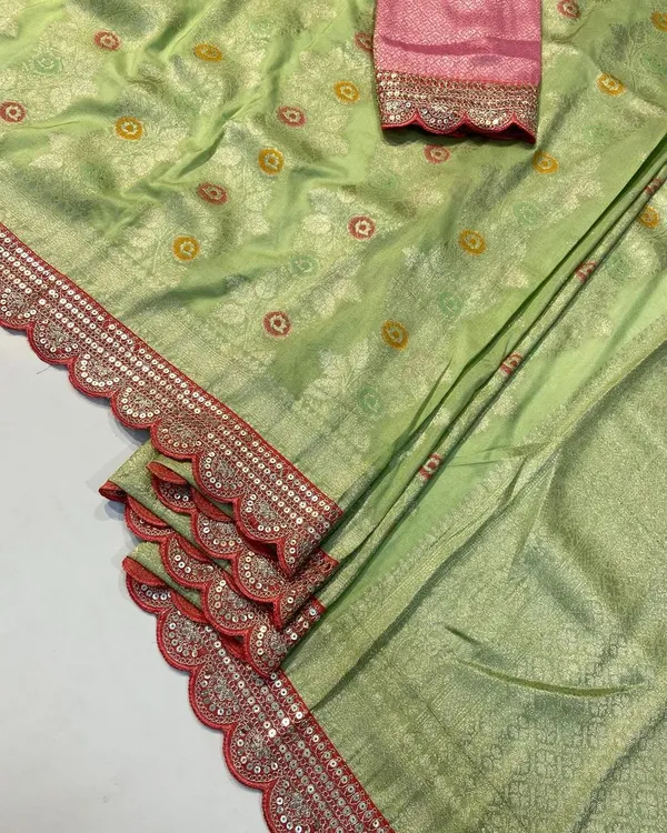 Pista_Green_Meenakari_Jacquard_Khadi_Crepe_Georgette_Saree_With_Sequins_Cutwork_Border_Unstitched_Blouse