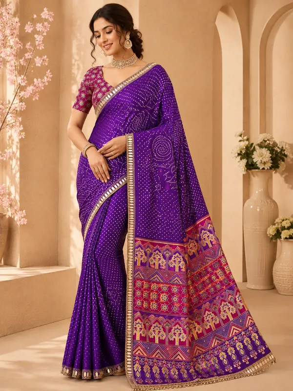 Purple_Bandhani_Print_Crepe_Silk_Saree_With_Ajrakh_Print_Pallu_Mirror_Work_Unstitched_Blouse