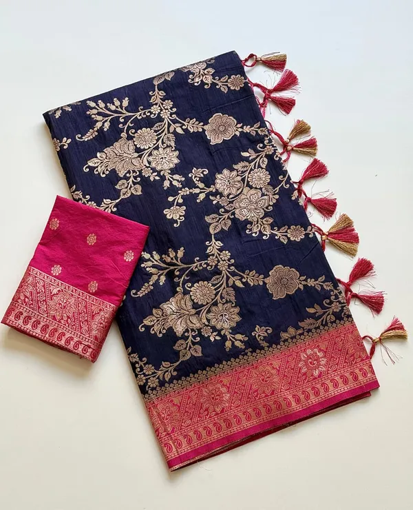 Navy_Blue_Floral_Jaal_Dola_Silk_Saree_With_Rich_Pink_Pallu_And_Unstitched_Blouse