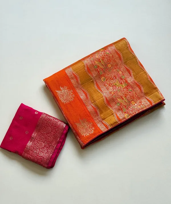 Burnt_Orange_Meenakari_Bird_Motif_Chinya_Tissue_Shimmer_Crepe_Georgette_Saree_With_Rich_Pallu_Unstitched_Blouse