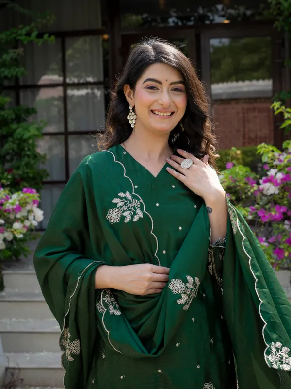 Premium_Mehendi_Green_Chinnon_Embroidered_Kurta_Pant_Dupatta_Set_For_Women