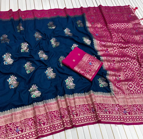 Navy_Blue_Floral_Meena_Khadi_Crepe_Georgette_Saree_With_Antique_Zari_Rich_Pallu_And_Unstitched_Blouse