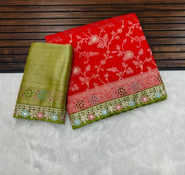 Bright_Red_Meenakari_Woven_Khaddi_Crepe_Georgette_Saree_With_Contrast_Embroidered_Unstitched_Blouse