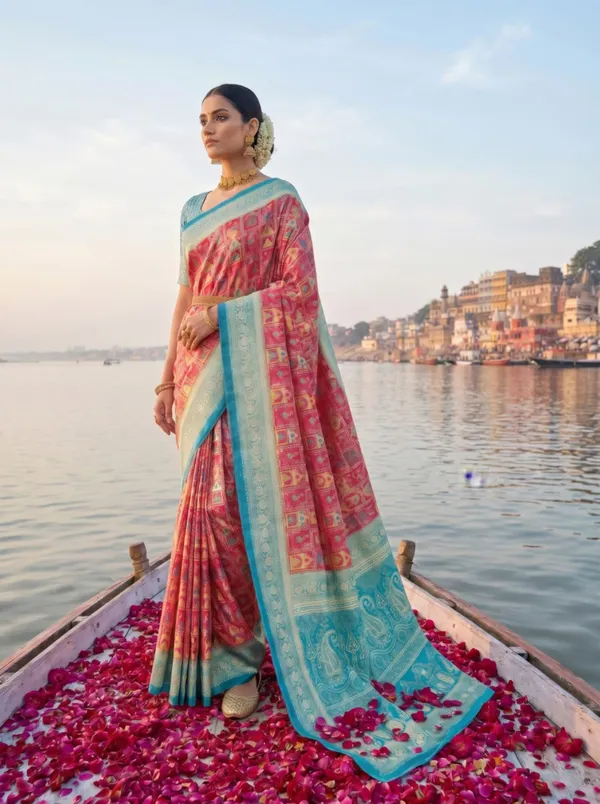 Coral_Pink_Digital_Pasmina_Weaving_Softy_Silk_Saree_With_Aqua_Zari_Border_Unstitched_Blouse