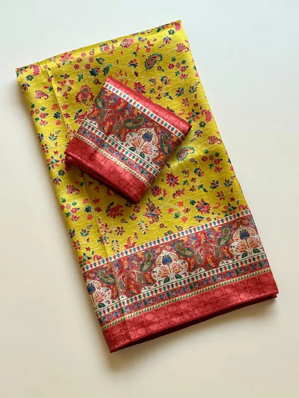 Lemon_Yellow_Floral_Dola_Silk_Saree_With_Jacquard_Paisley_Border_And_Unstitched_Blouse