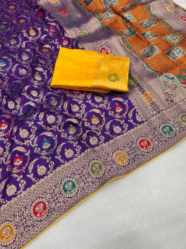 Royal_Purple_Lakhnavi_Meena_Dola_Silk_Saree_With_Heavy_Jacquard_Jaal_Rich_Pallu_And_Unstitched_Blouse