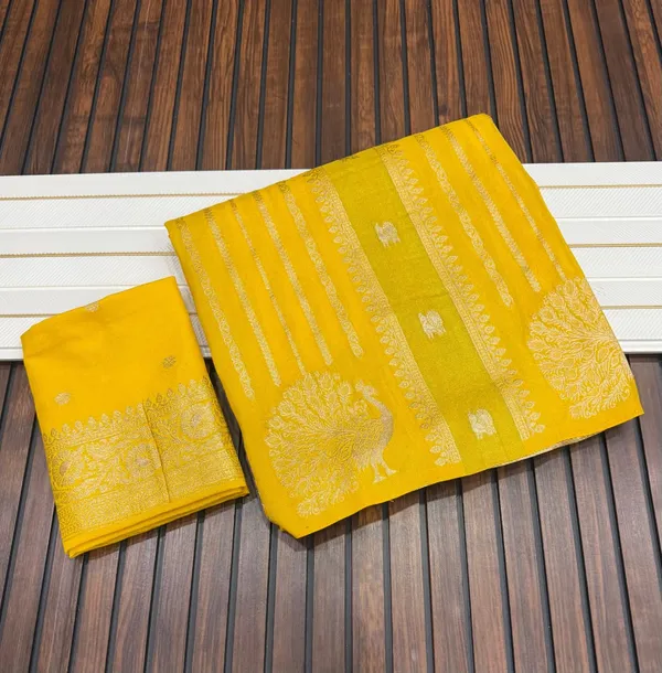 Mustard_Yellow_Peacock_Jacquard_Khaddi_Crepe_Georgette_Saree_With_Rich_Zari_Weaving_And_Unstitched_Blouse