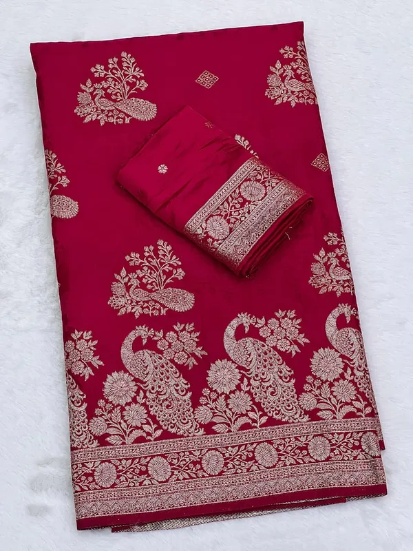 Deep_Magenta_Peacock_Jacquard_Satin_Silk_Saree_With_Rich_Pallu_Unstitched_Running_Blouse