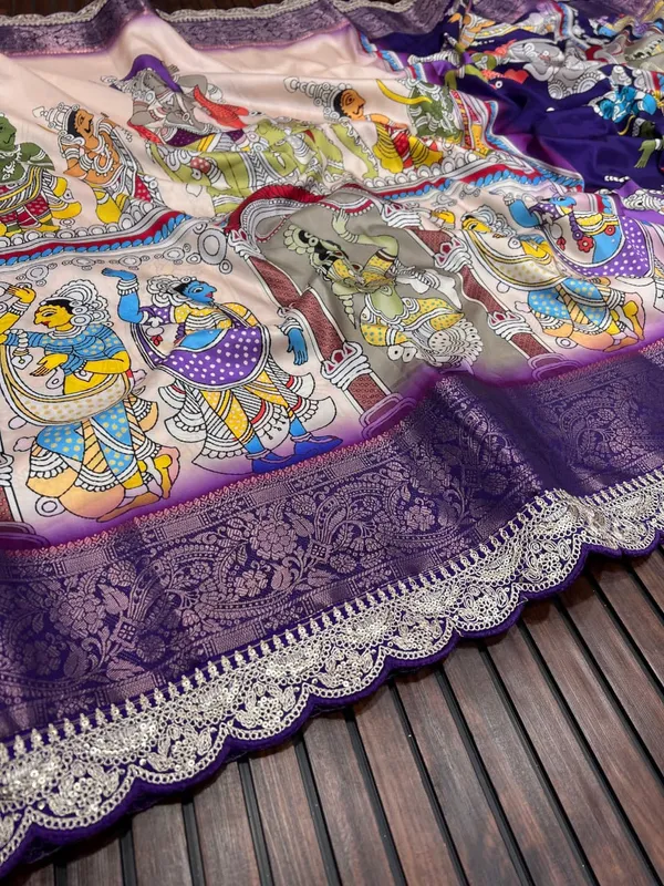 Royal_Purple_Pichwai_Kalamkari_Lichi_Silk_Saree_With_Zari_Weaving_Border_Unstitched_Blouse
