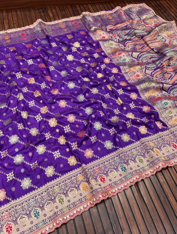 Royal_Purple_Lakhnavi_Meena_Jacquard_Dola_Silk_Saree_With_Contrast_Designer_Blouse_And_Unstitched_Blouse
