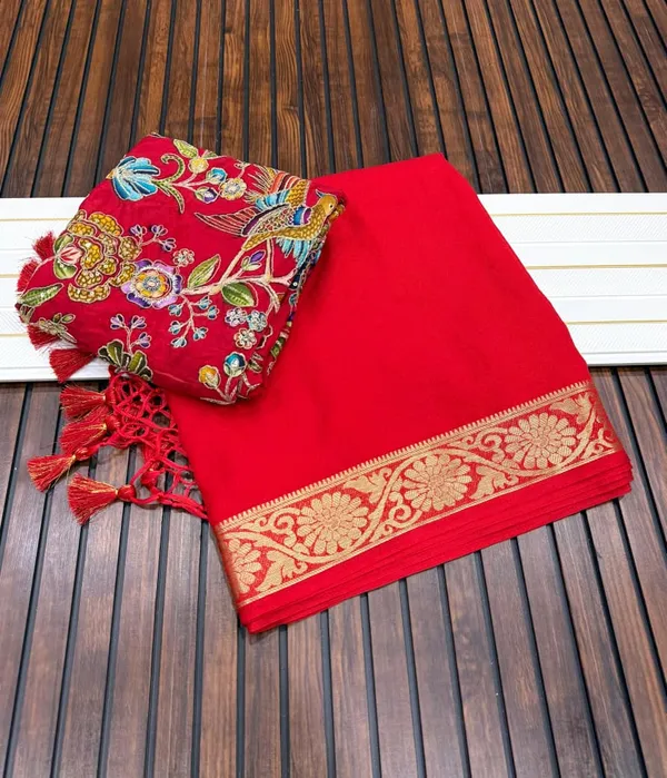 Scarlet_Red_Khaddi_Crepe_Georgette_Saree_With_Zari_Jacquard_Border_And_Dual_Embroidered_Unstitched_Blouse