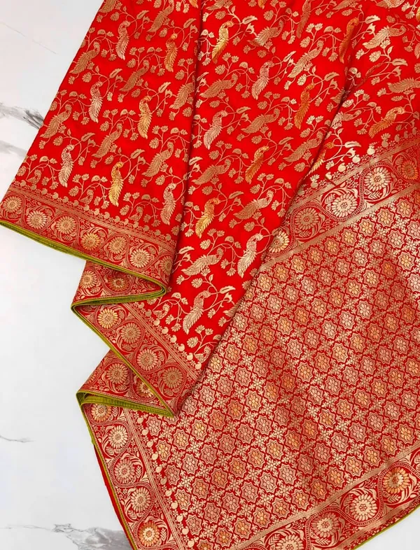 Bright_Red_Peacock_Motif_Banarasi_Viscose_Dola_Silk_Saree_With_Rich_Zari_Pallu_And_Unstitched_Blouse