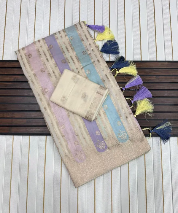 Ivory_Pastel_Stripe_Viscose_Khaddi_Crepe_Georgette_Saree_With_Gold_Jacquard_Tassel_Pallu_Unstitched_Blouse
