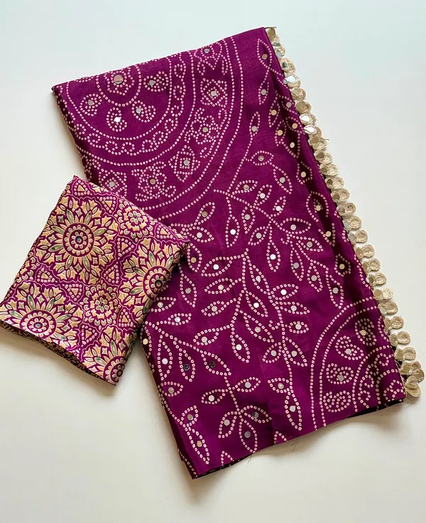 Magenta_Bandhani_Mirror_Work_Crepe_Silk_Saree_With_Embellished_Designer_Pallu_Unstitched_Blouse