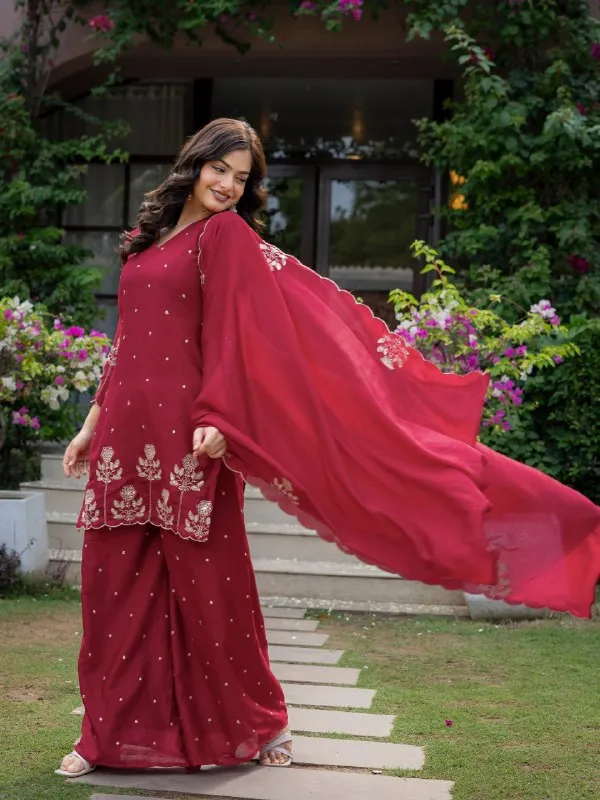 Premium_Wine_Red_Chinnon_Embroidered_Kurta_Pant_Dupatta_Set_For_Women