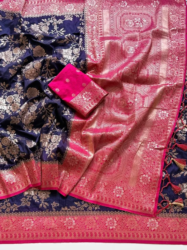 Navy_Blue_Floral_Jaal_Dola_Silk_Saree_With_Rich_Pink_Pallu_And_Unstitched_Blouse