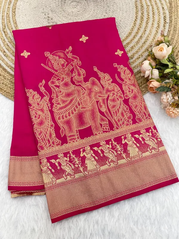 Rani_Pink_Kalamkari_Figure_Khaddi_Crepe_Georgette_Saree_With_Rich_Jacquard_Pallu_Unstitched_Blouse