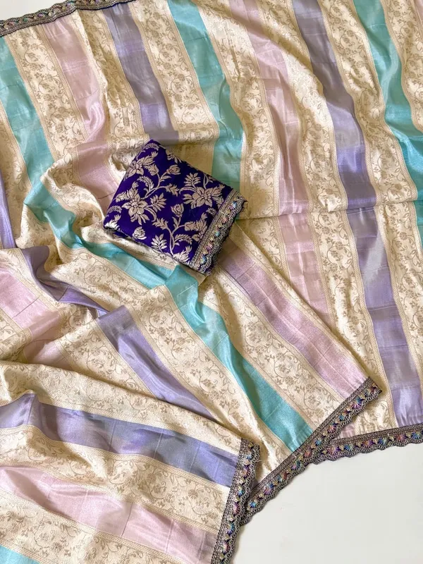 Pastel_Multicolor_Floral_Jacquard_Nylon_Viscose_Saree_With_Embroidered_Lace_Border_And_Unstitched_Dola_Silk_Blouse