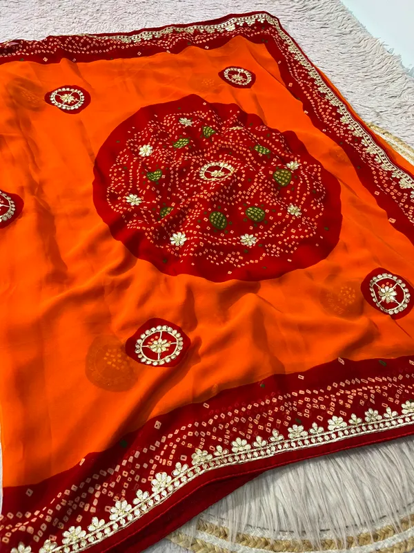 Kesari_Orange_Jaipuri_Gota_Patti_Pure_Soft_Georgette_Bandhej_Saree_With_Premium_Pallu_And_Unstitched_Blouse
