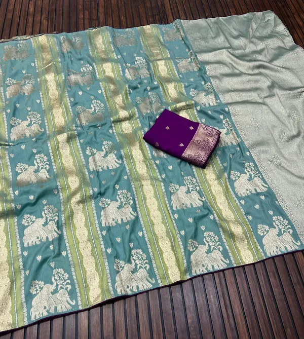 Sea_Green_Twin_Elephant_Zari_Weave_Chinya_Tisu_Silk_Saree_With_Royal_Purple_Unstitched_Blouse