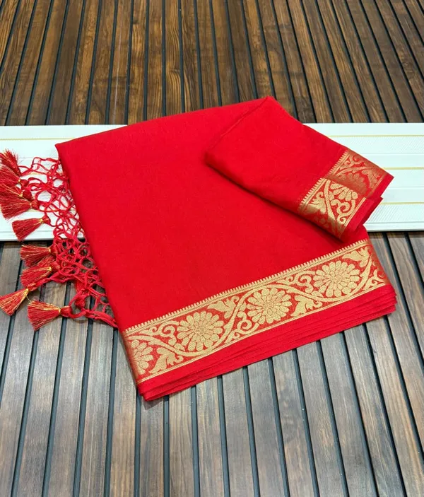 Crimson_Red_Jari_Jacquard_Khaddi_Crepe_Georgette_Saree_With_Tassel_Pallu_Unstitched_Blouse