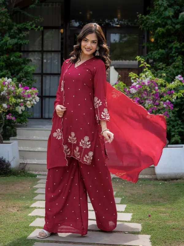 Premium_Wine_Red_Chinnon_Embroidered_Kurta_Pant_Dupatta_Set_For_Women