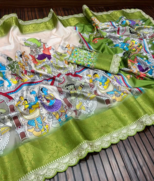 Olive_Green_Pichwai_Digital_Print_Lichi_Silk_Saree_With_Zari_Border_And_Unstitched_Blouse