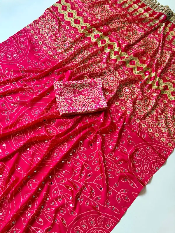 Rani_Pink_Bandhani_Mirror_Work_Crepe_Silk_Saree_With_Designer_Cutwork_Pallu_Unstitched_Blouse
