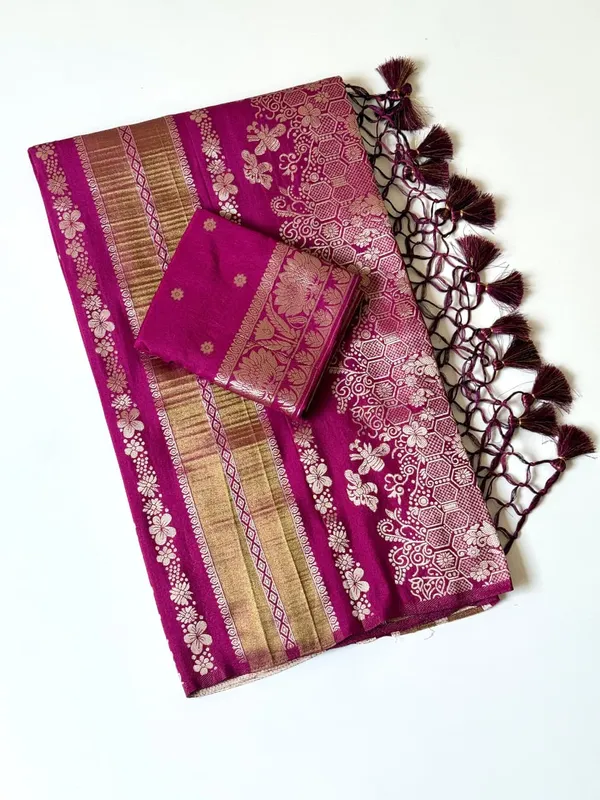 Rani_Pink_Floral_Zari_Chinya_Tissue_Silk_Saree_With_Geometric_Rich_Pallu_Unstitched_Blouse