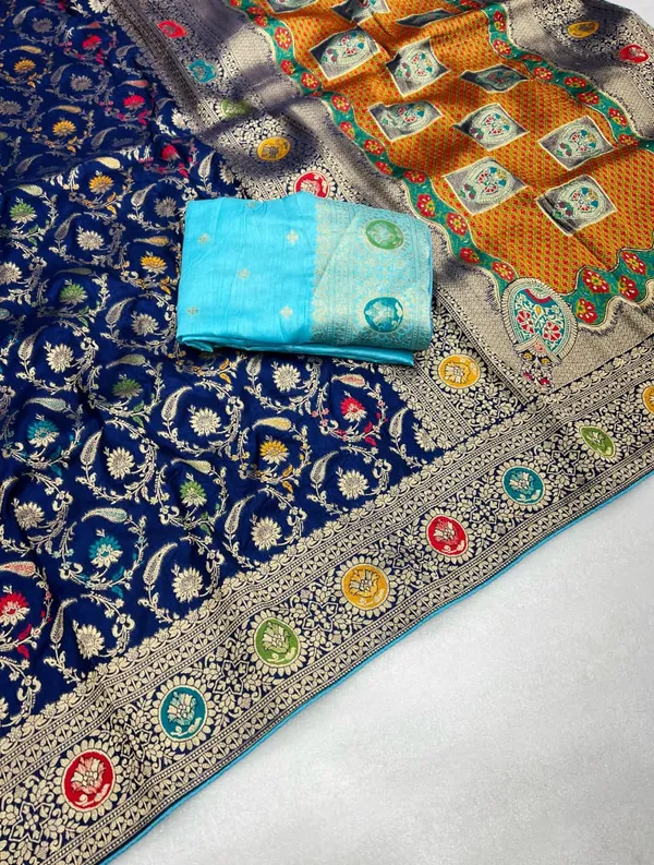 Royal_Navy_Lakhnavi_Meena_Dola_Silk_Saree_With_Heavy_Jacquard_Jaal_Rich_Pallu_And_Unstitched_Blouse