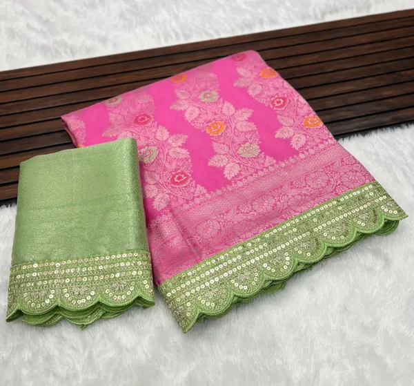 Pink_Meenakari_Jacquard_Khadi_Crepe_Georgette_Saree_With_Cutwork_Sequins_Border_Unstitched_Blouse
