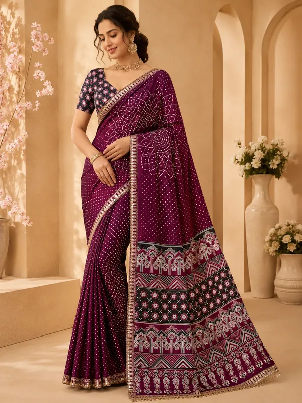 Maroon_Bandhani_Print_Crepe_Silk_Saree_With_Ajrakh_Print_Pallu_And_Mirror_Embellished_Border_Unstitched_Blouse