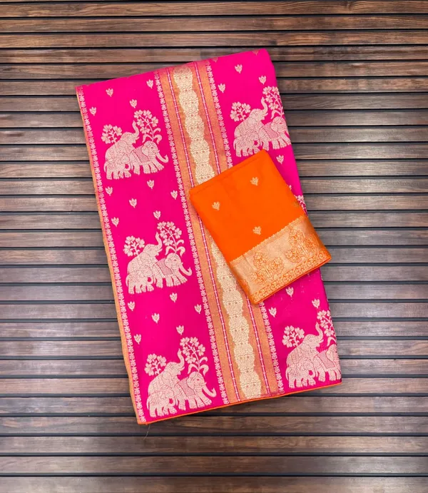 Rani_Pink_Twin_Elephant_Zari_Weave_Chinya_Tisu_Silk_Saree_With_Contrast_Orange_Unstitched_Blouse