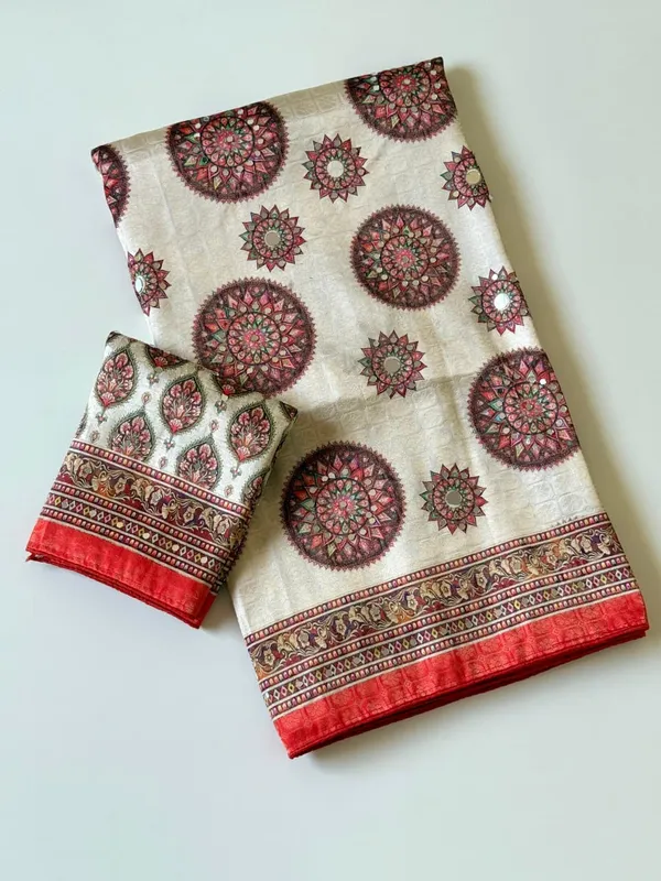 Premium_Crimson_Red_Mandala_Print_Dola_Silk_Saree_With_Mirror_Work_Unstitched_Blouse