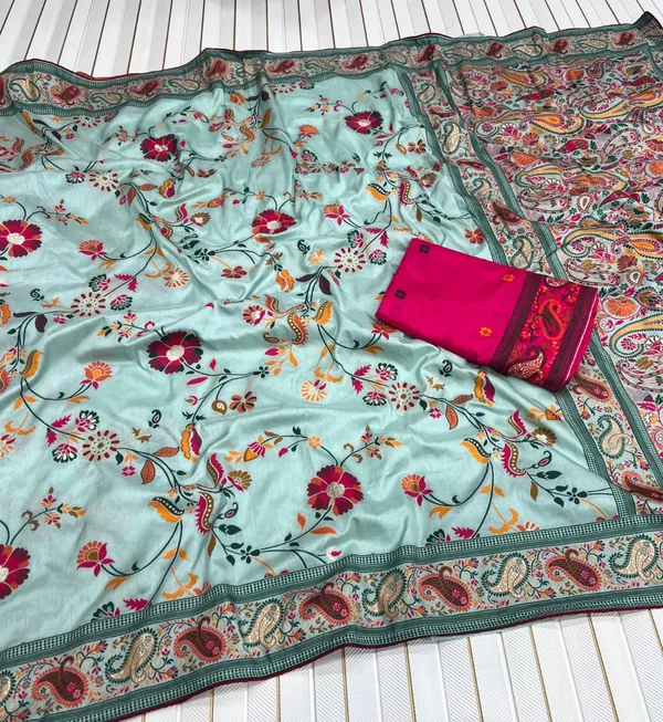 Premium_Ice_Blue_Floral_Jaal_Rajwadi_Pashmina_Silk_Saree_With_Kashmiri_Weaving_Unstitched_Contrast_Blouse