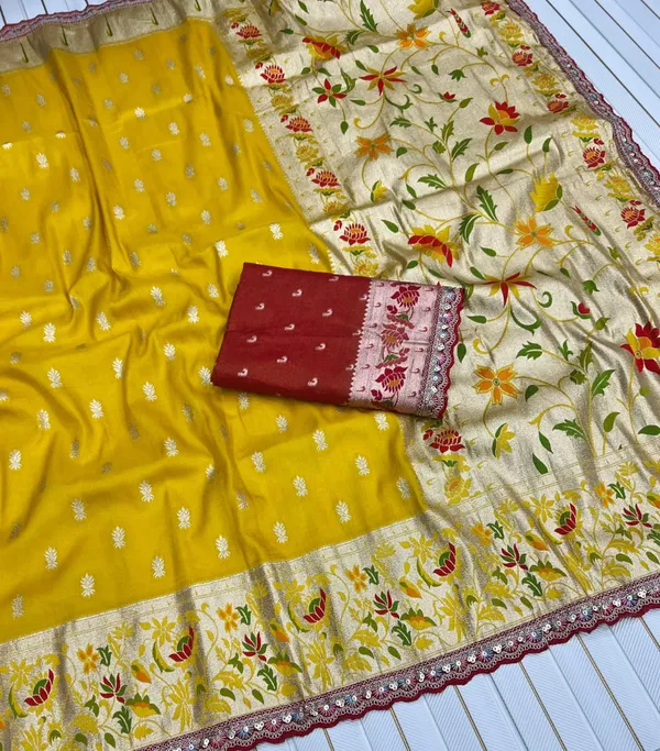 Mustard_Yellow_Meenakari_Paithani_Tissue_Silk_Saree_With_Rich_Zari_Pallu_&_Unstitched_Embroidered_Blouse