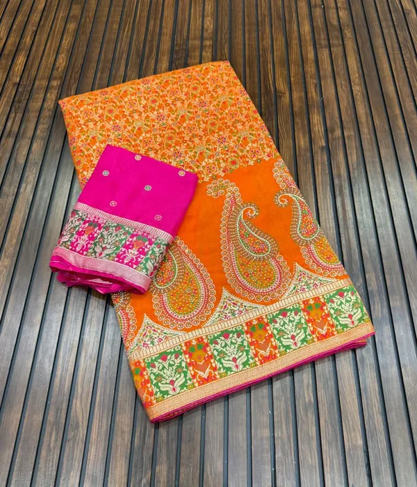 Vibrant_Orange_Twin_Mango_Swarovski_Pashmina_Silk_Saree_With_Contrast_Blouse_Unstitched_Blouse