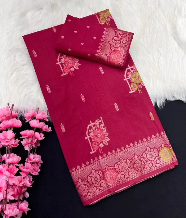 Deep_Magenta_Floral_Meenakari_Khadi_Crepe_Silk_Georgette_Saree_With_Rich_Pallu_And_Unstitched_Blouse
